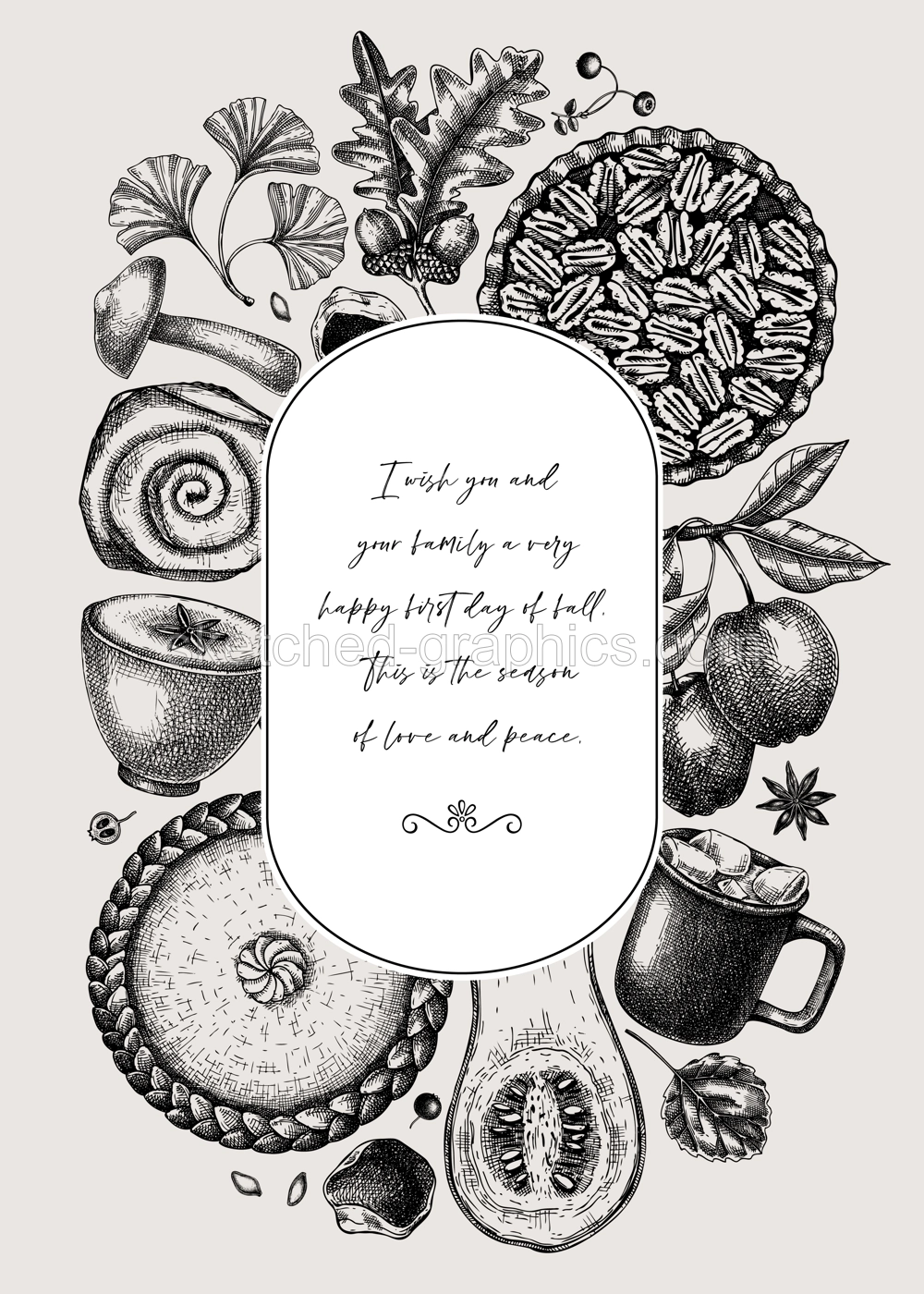 Autumn frame design template. Hand-drawn vector illustration. Pumpkin, hot drink, fruit, pie, pastry, fall leaves sketches. Thanksgiving background, banner, border Illustration